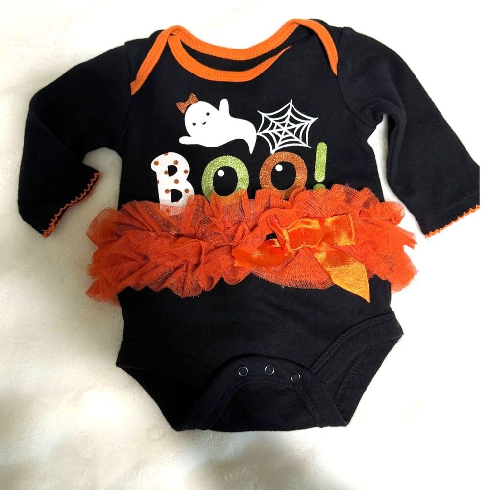 Baby Girl Halloween BOO! Tutu Bodysuit Outfit Set Black Orange  (0-3months)